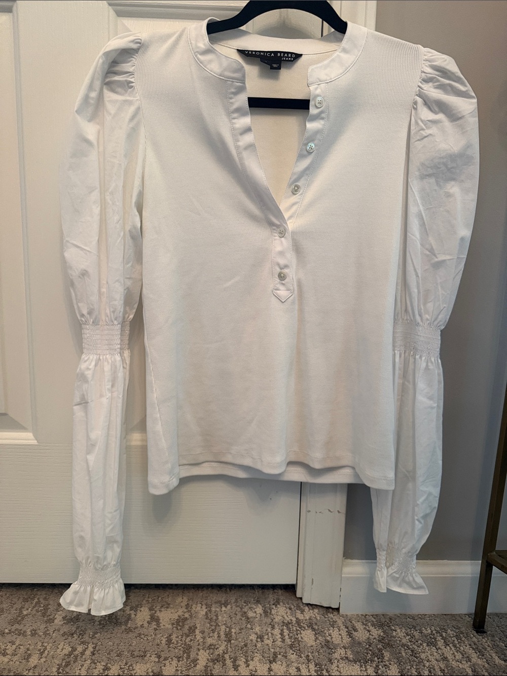 Veronica Beard White Puff-Sleeve Henley Blouse